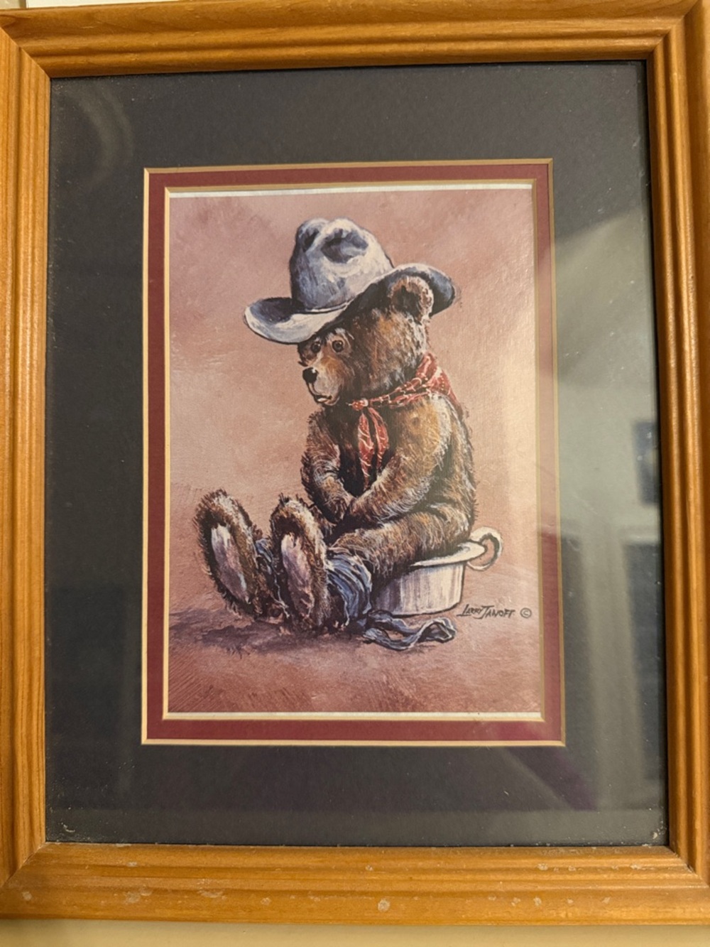 Framed Bear Artwork with Cowboy Hat - Brown and Cream